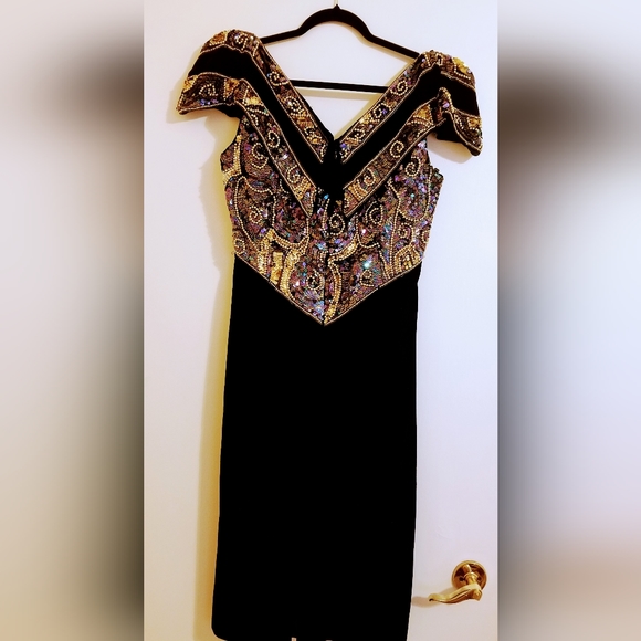 Black Velvet Evening Wedding Formal Prom Knee Length Dress Size 14 - Picture 3 of 7
